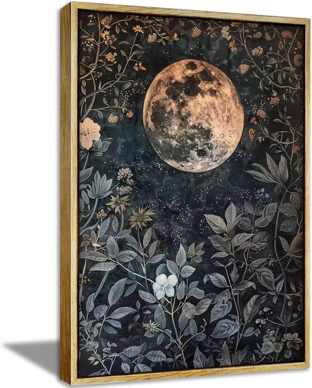New 16 x 24 Framed Vintage Celestial Moon and Botanical Flowers Wall Art Canvas